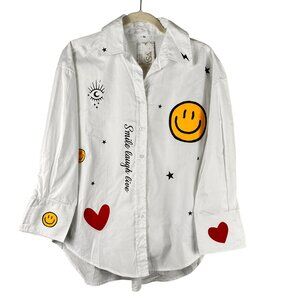 Womens White Button-Up Shirt With Graphic Prints & Text